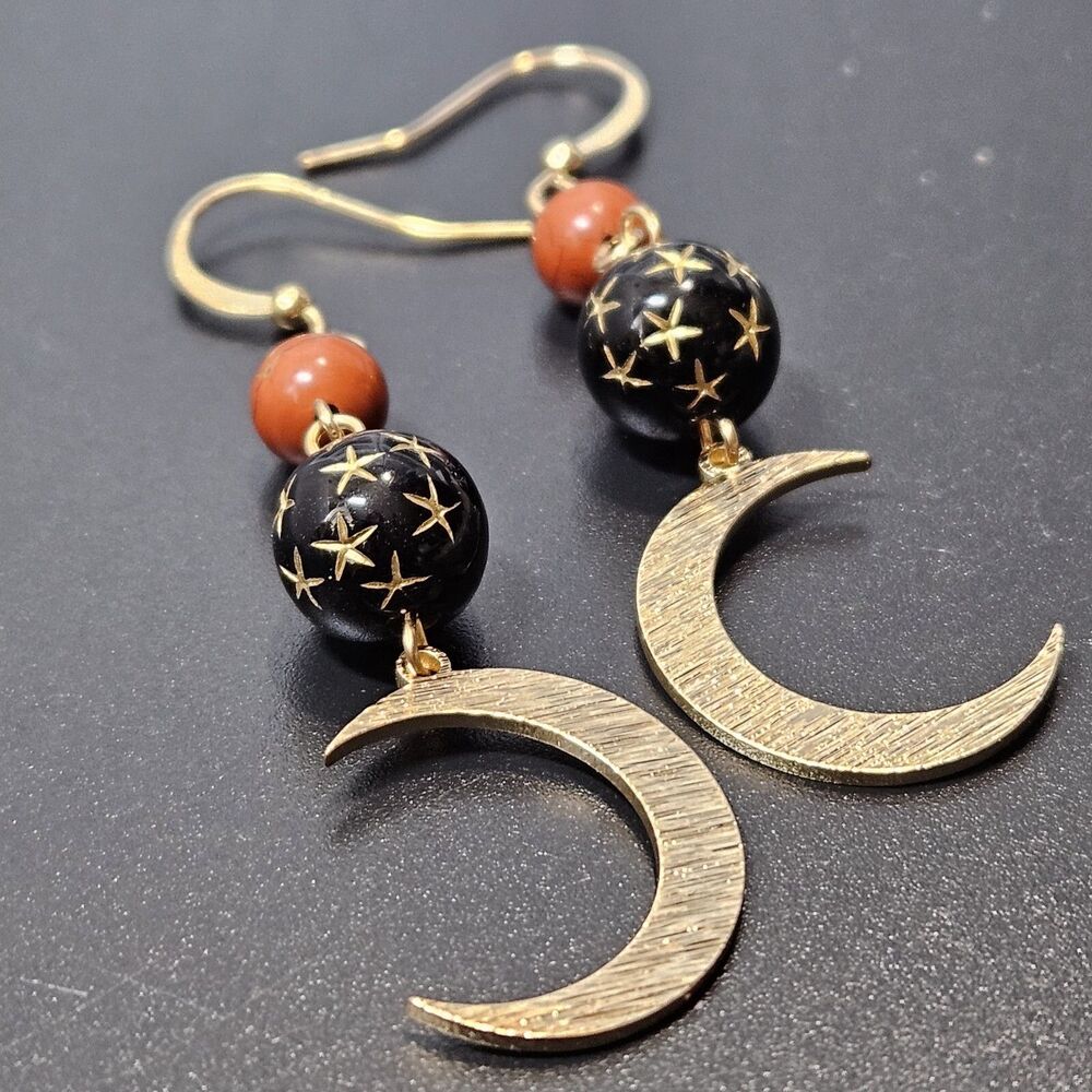 Stainless Gold Tone Luminary Earrings Moon Stars Celestial Black Mystical Witch